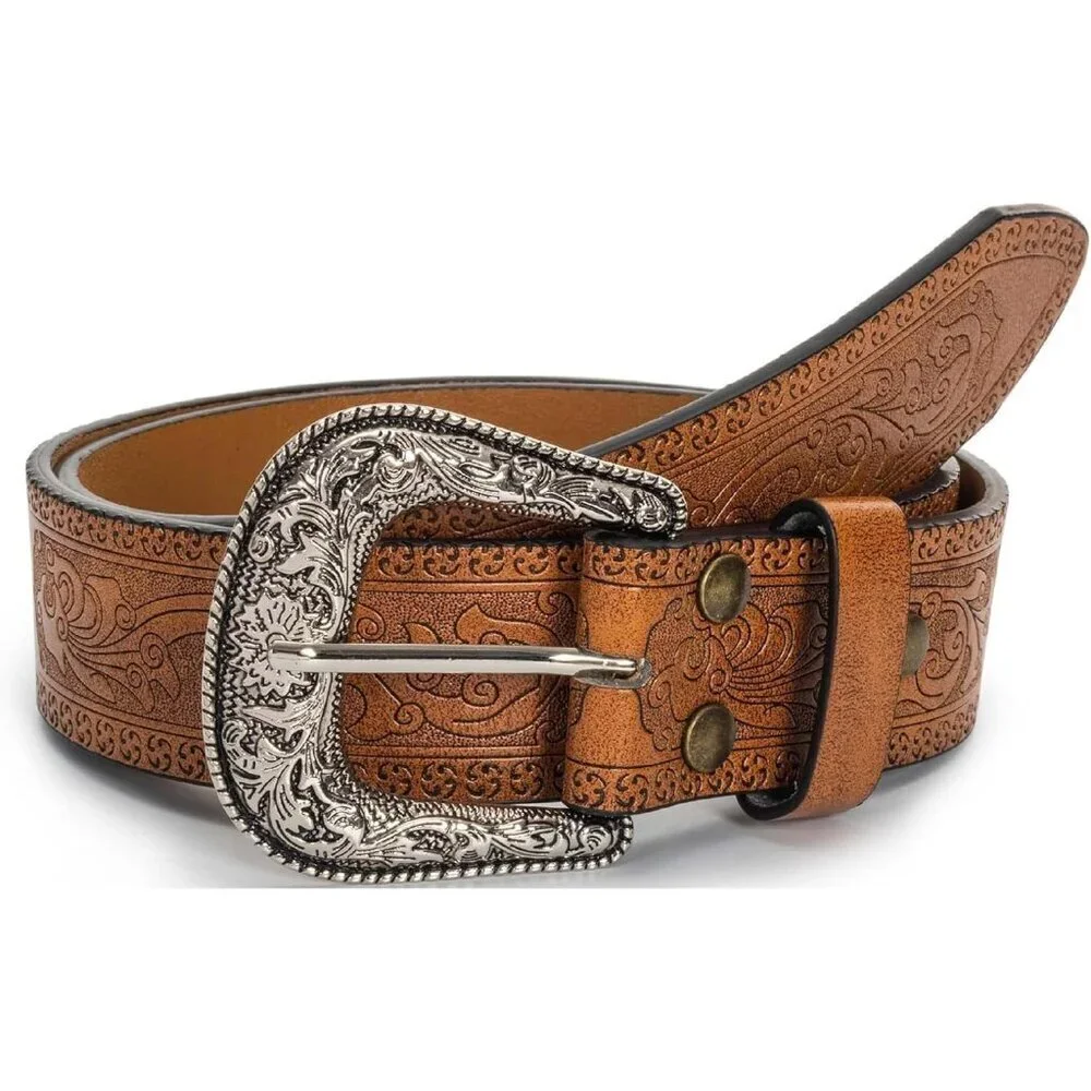 Women's Brown Adjustable Vintage Western Belts Engraved Buckle Cowgirl Belt